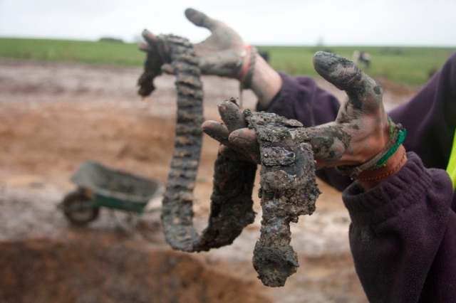 The medieval leather belt just after its discovery in the well